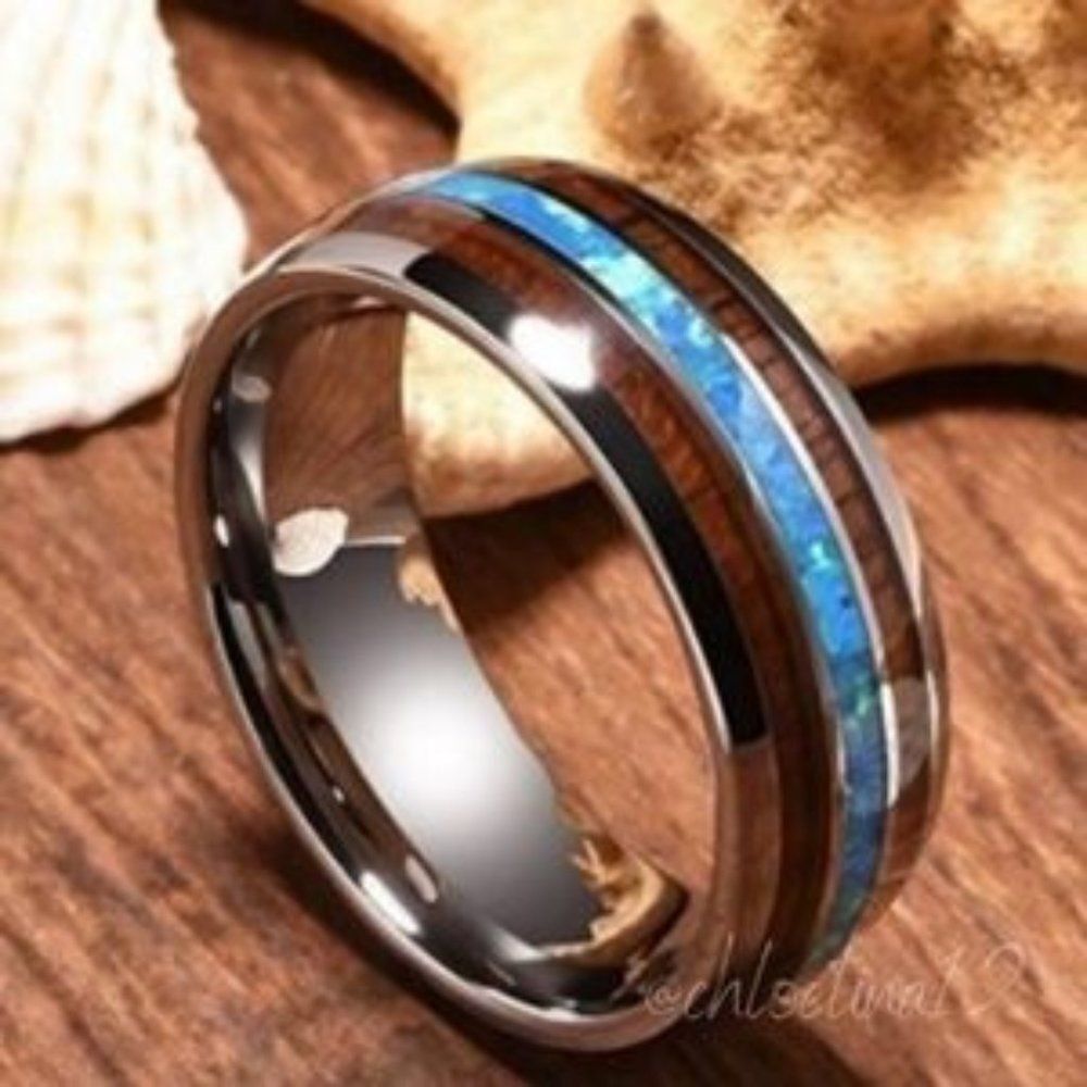 New Unisex Tungsten Hawaiian Koa Wood Abalone Ring